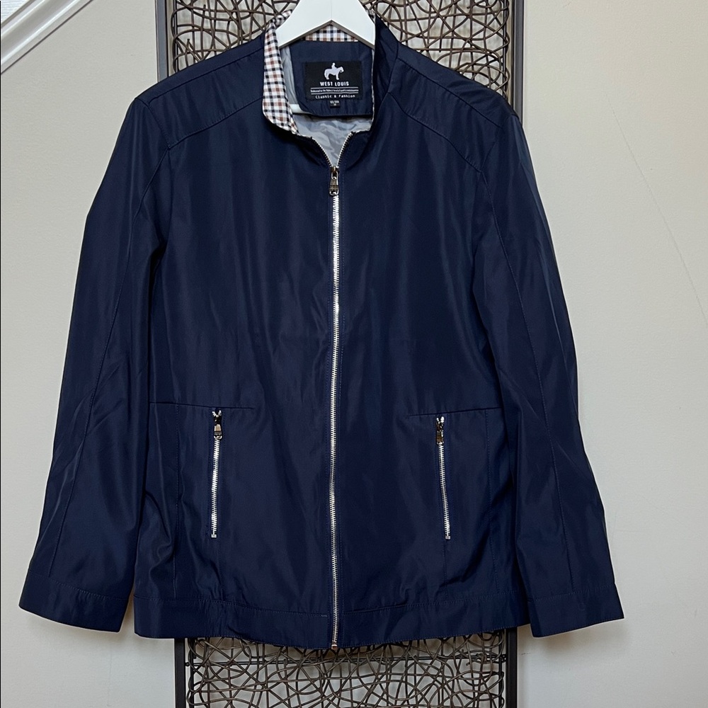 West Louis Business-Man Casual Zip Front Jacket Navy w gingham checker plaid M